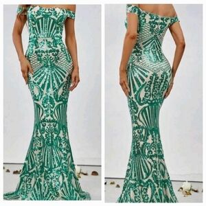 Green Party Baroque Sequined off shoulder,  Mermaid Maxi Gown